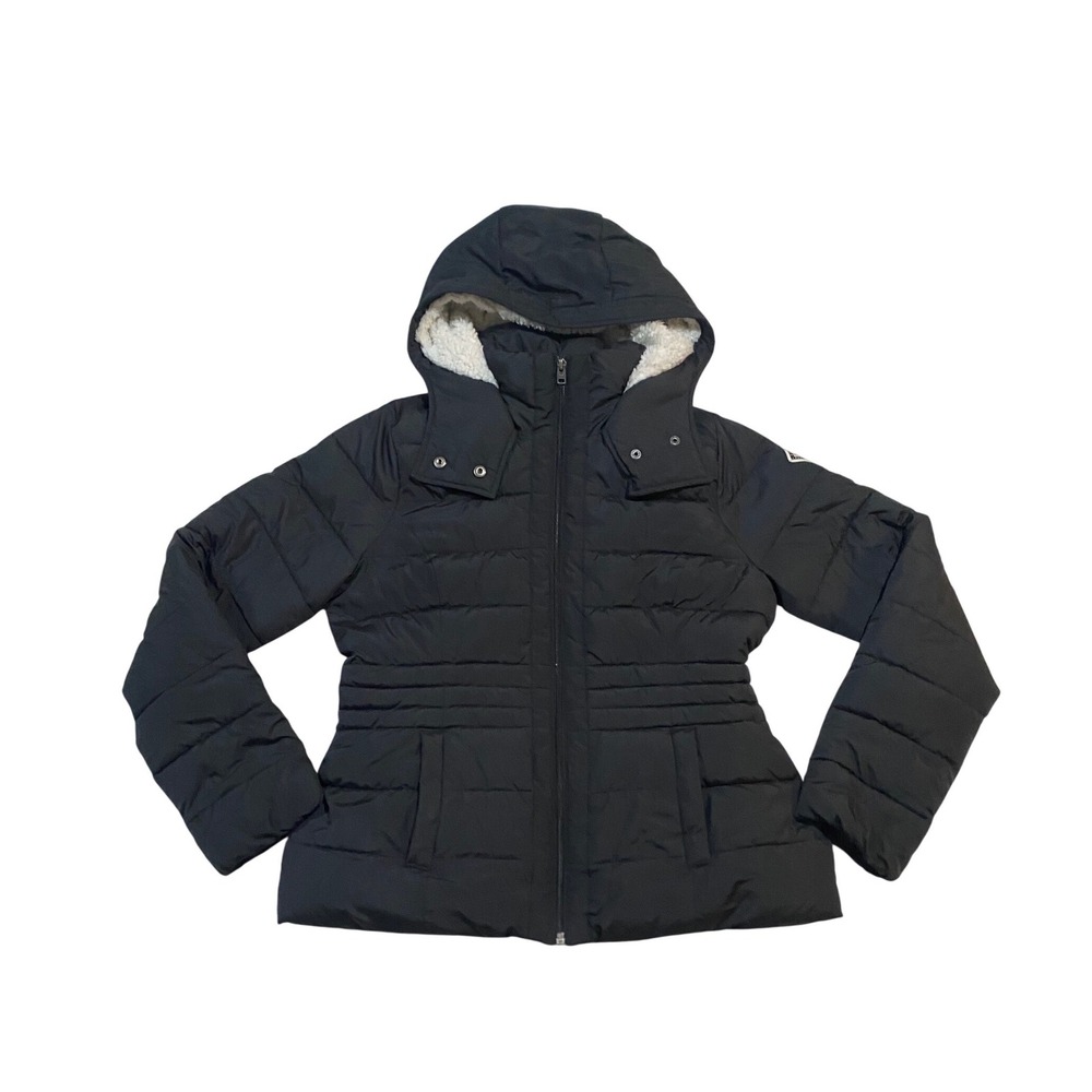 Hollister Womens Black Puffer Jacket Faux Shearling Lined Hooded Size M